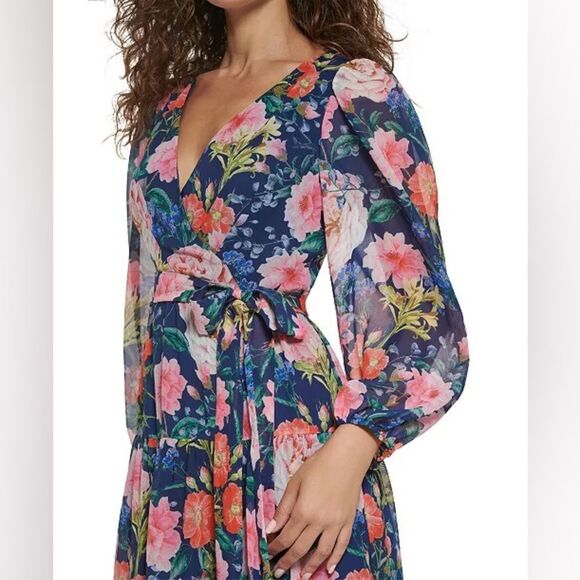 ELIZA J Blue Pink Floral Chiffon Long Sleeve Maxi Dress Tiered Size 2 4‎ New - Picture 6 of 11